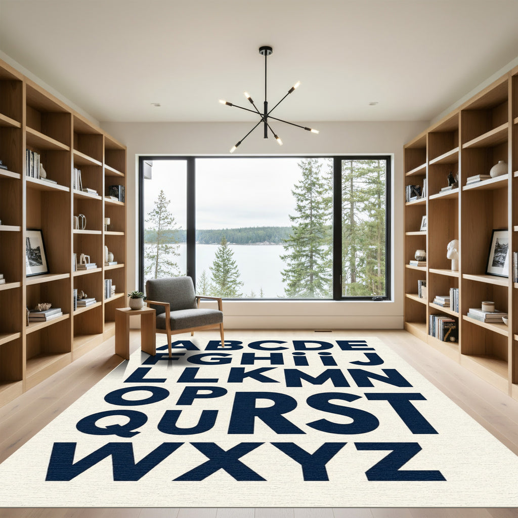 Bold Navy Alphabet Typography Letter Grid Rug