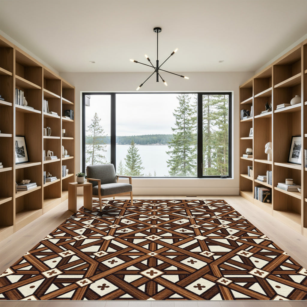 Geometric Brown Wood Lattice Cross Rug