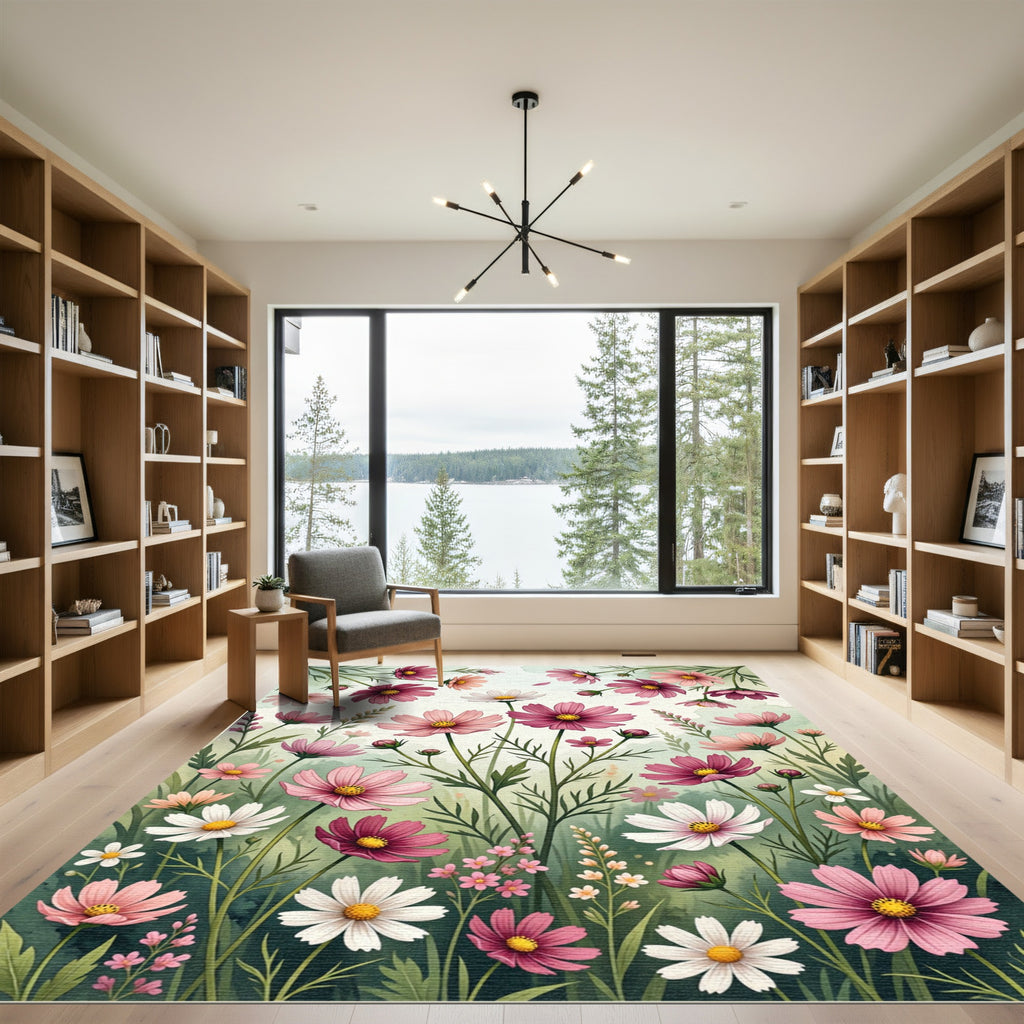 Soft Pink Cosmos Meadow Watercolor Art Rug