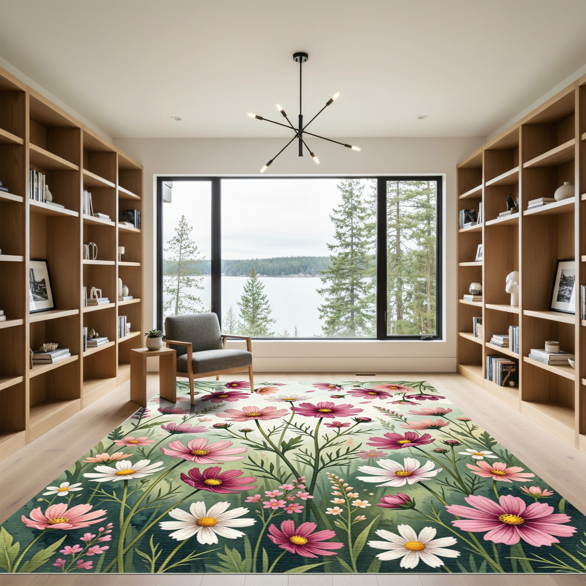 Soft Pink Cosmos Meadow Watercolor Art Rug