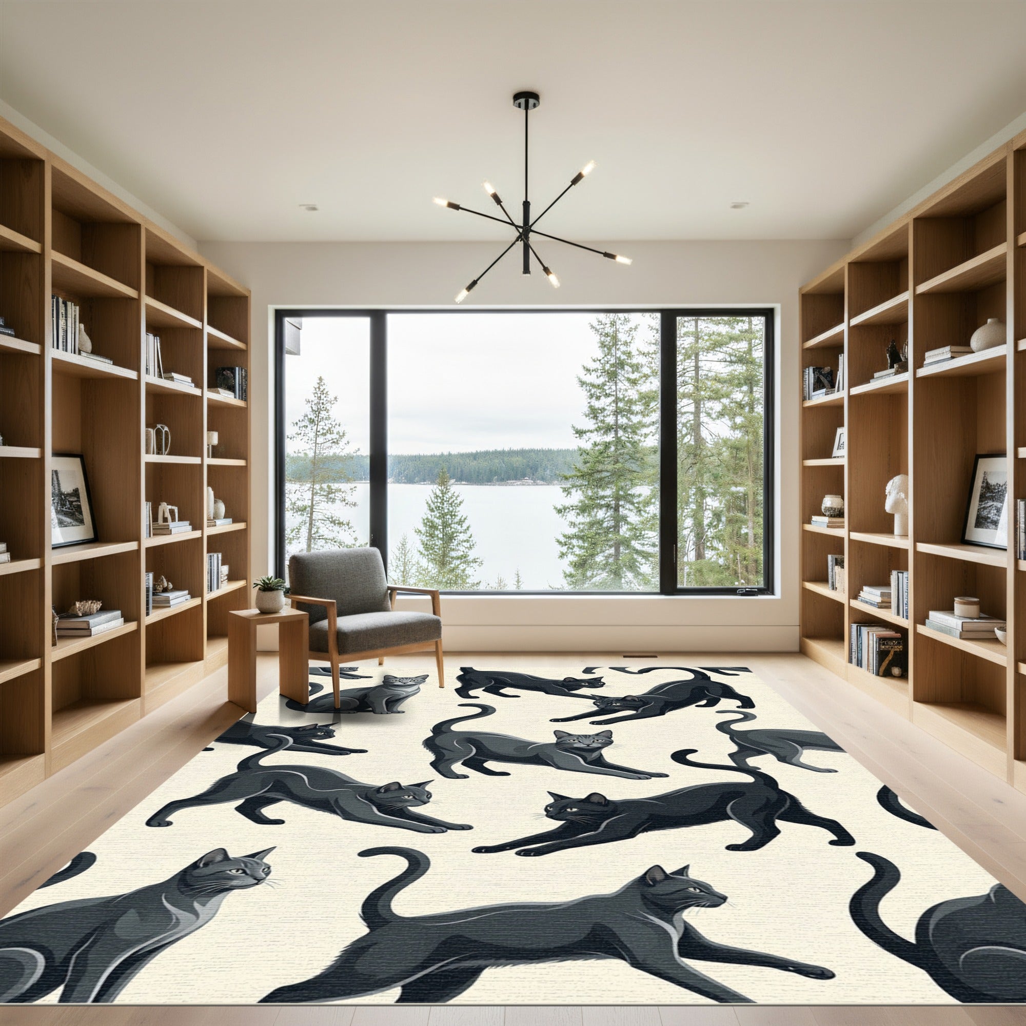 Sleek Black Gray Feline Collection Rug