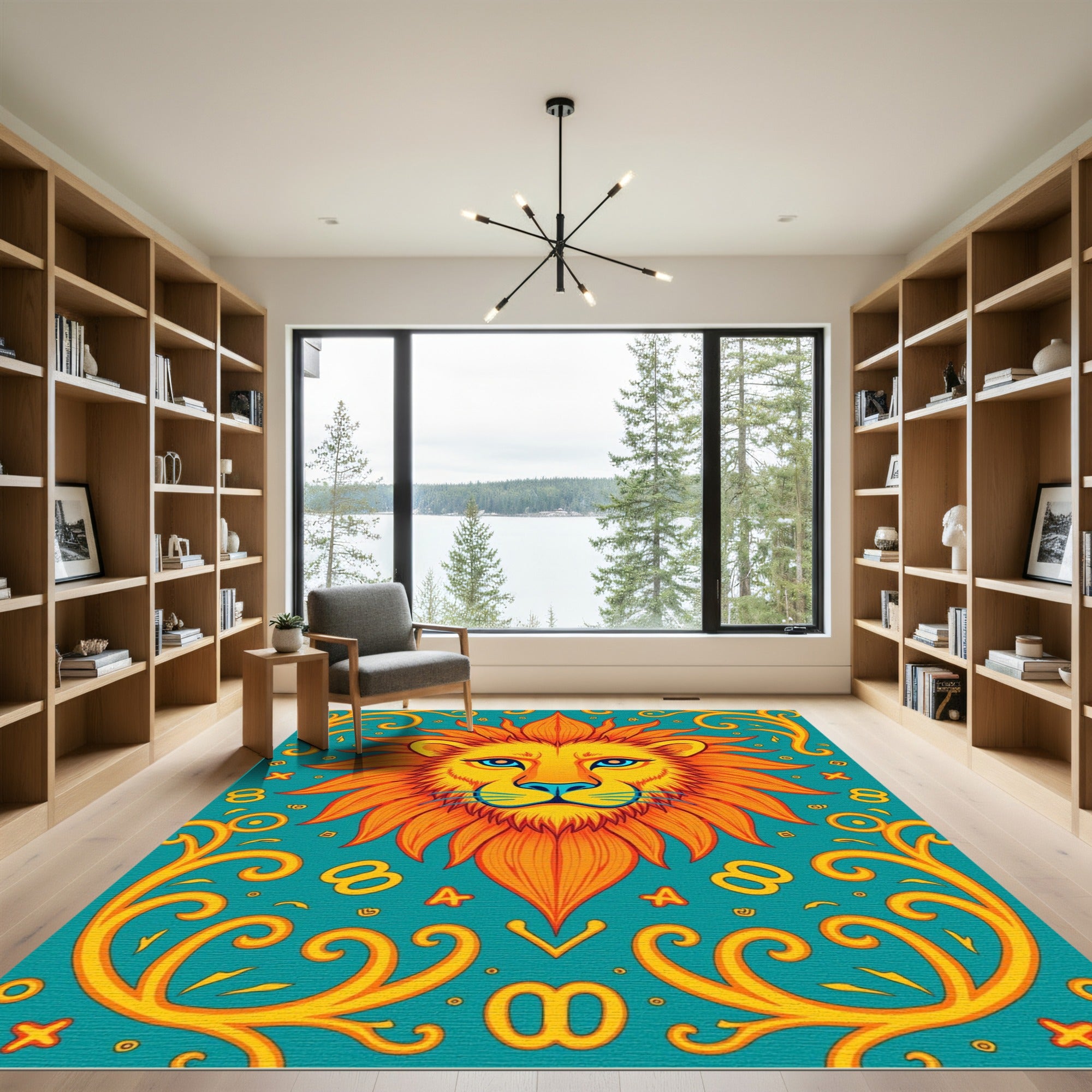 Bright Orange Lion Teal Graphic Rug