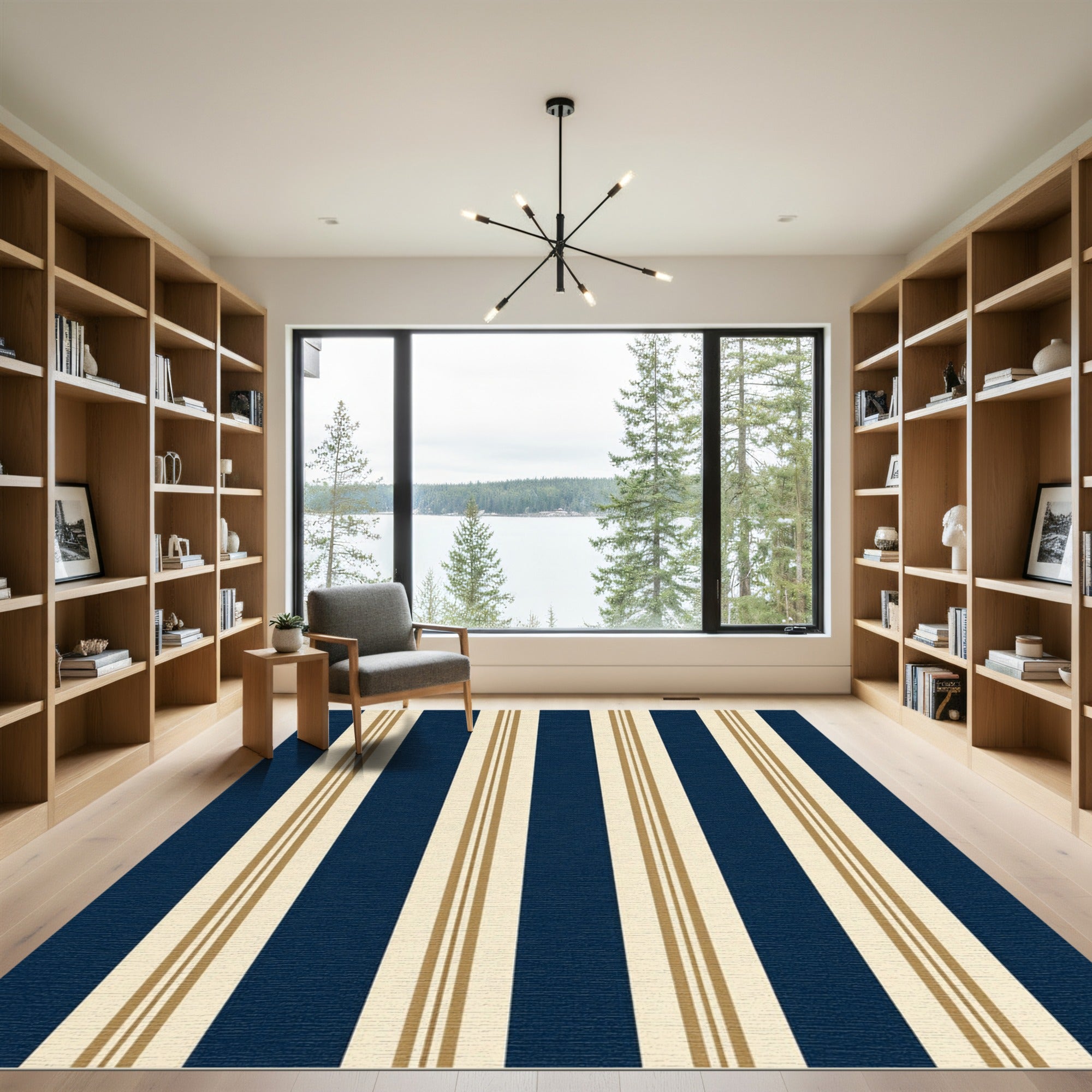 Navy Blue and Gold Classic Striped Rug