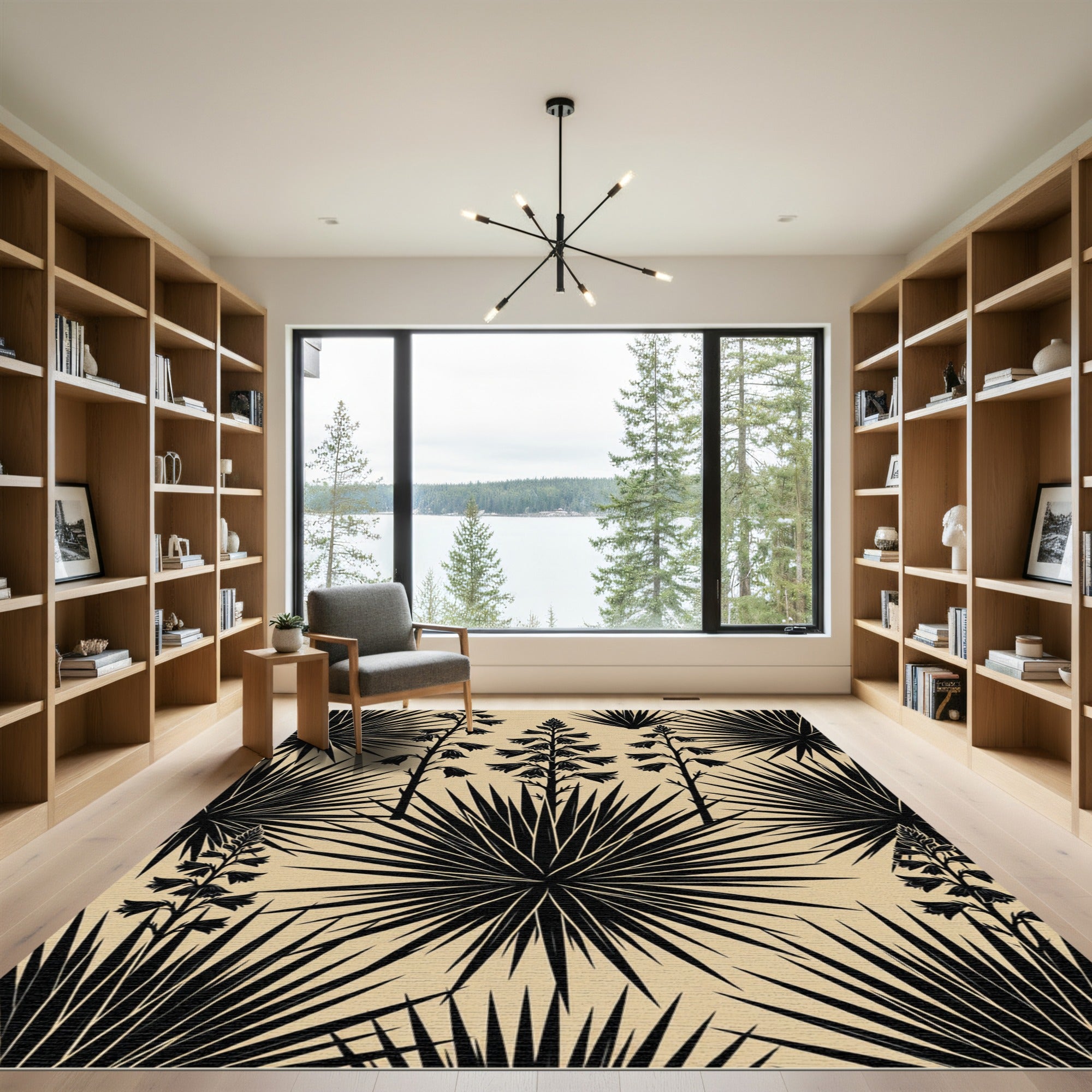 Black Yucca Flower Palm Leaf Rug