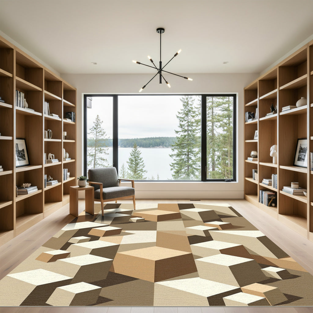 Neutral Earth Tone Geometric Cubes Rug