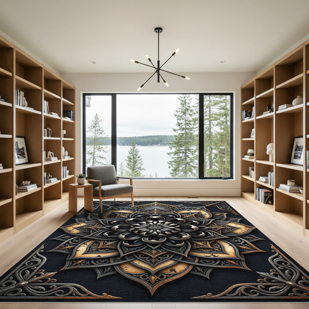 Metallic Gold and Charcoal Floral Medallion Rug