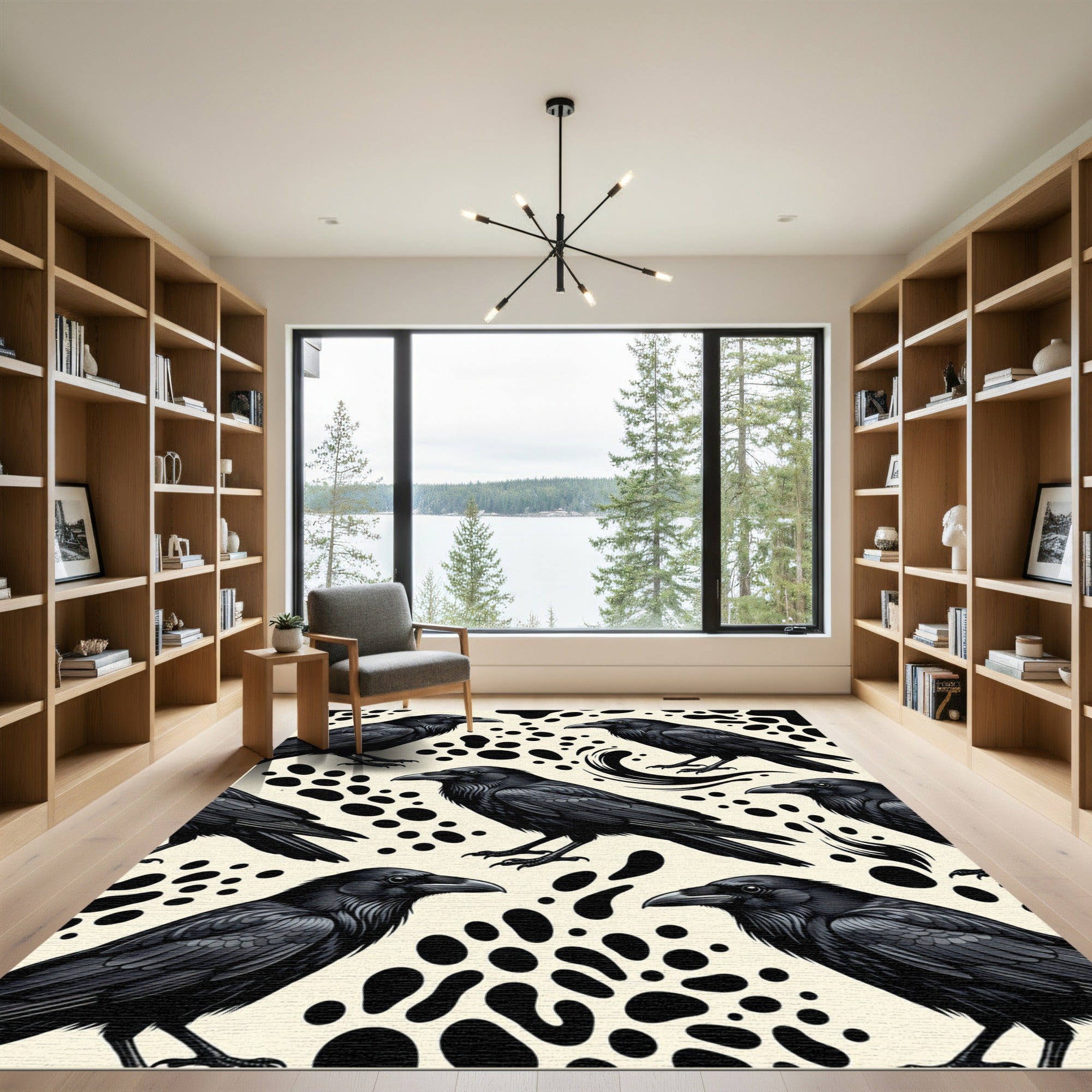 Monochrome Raven Bird Ink Blot Art Rug