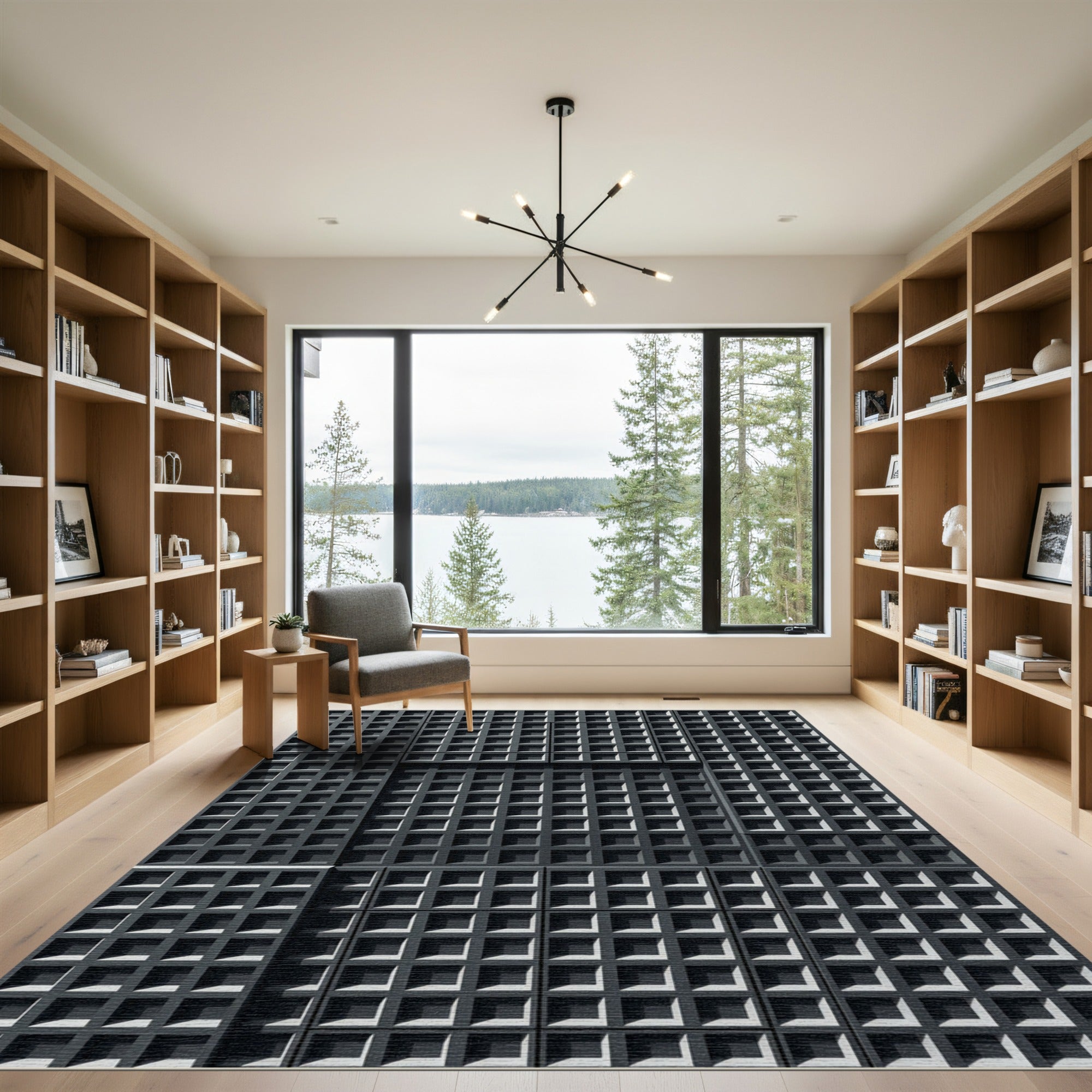 Monochromatic Charcoal Grid Geometric Rug