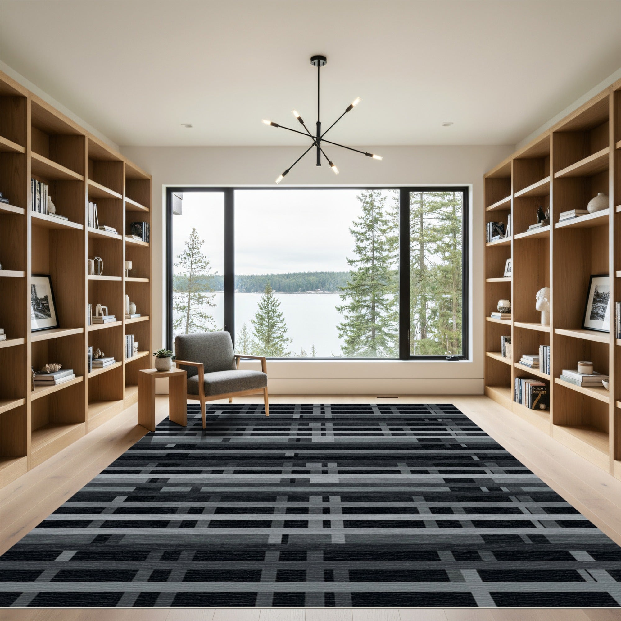 Monochrome Grid Abstract Linear Layered Rug