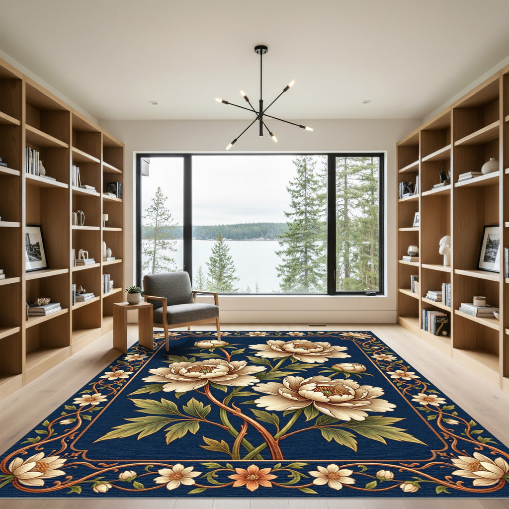 Elegant Cream Peony Navy Rectangular Frame Rug