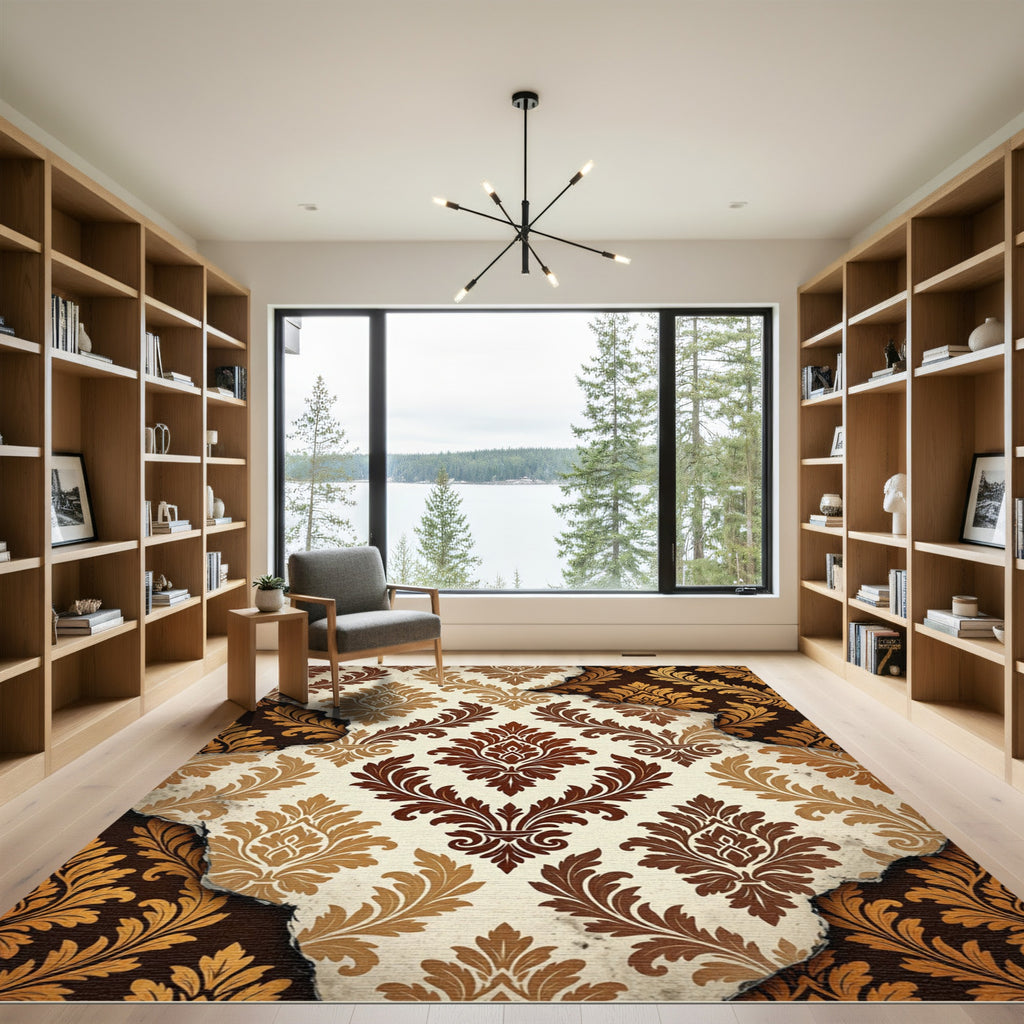 Distressed Cream and Brown Damask Scroll Rug