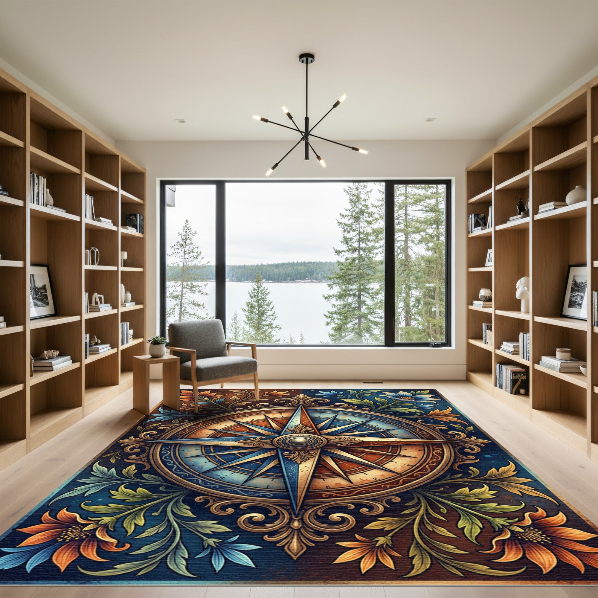 Ornate Blue Compass Floral Border Rug