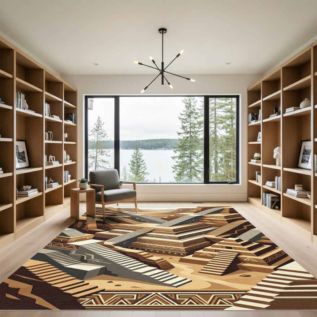 Earthy Brown Geometric Stairway Landscape Rug