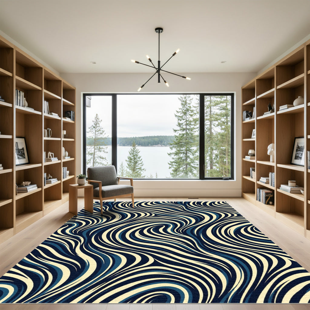 Navy and Cream Abstract Swirling Waves Rug