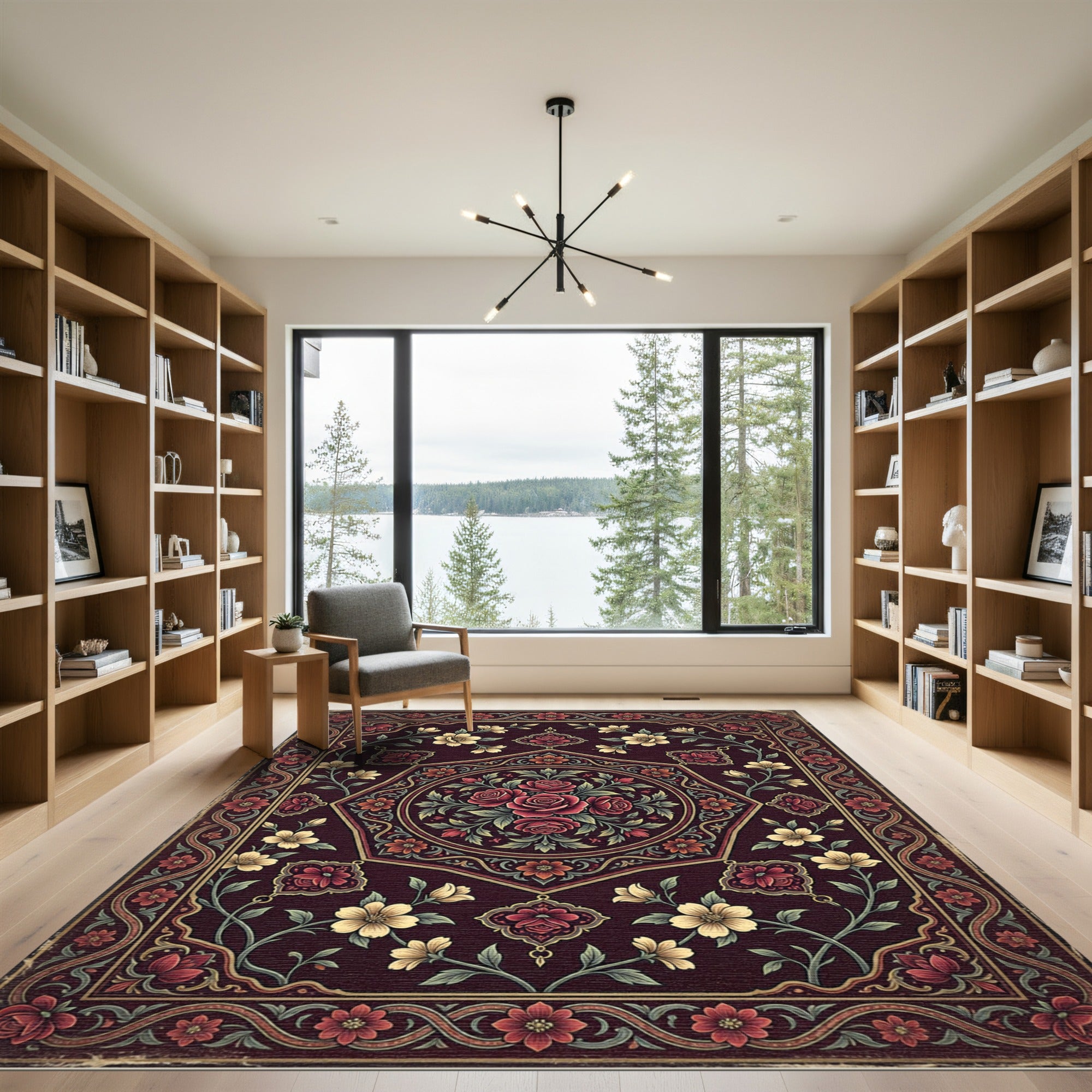 Earthy Burgundy Floral Hexagon Medallion Rug