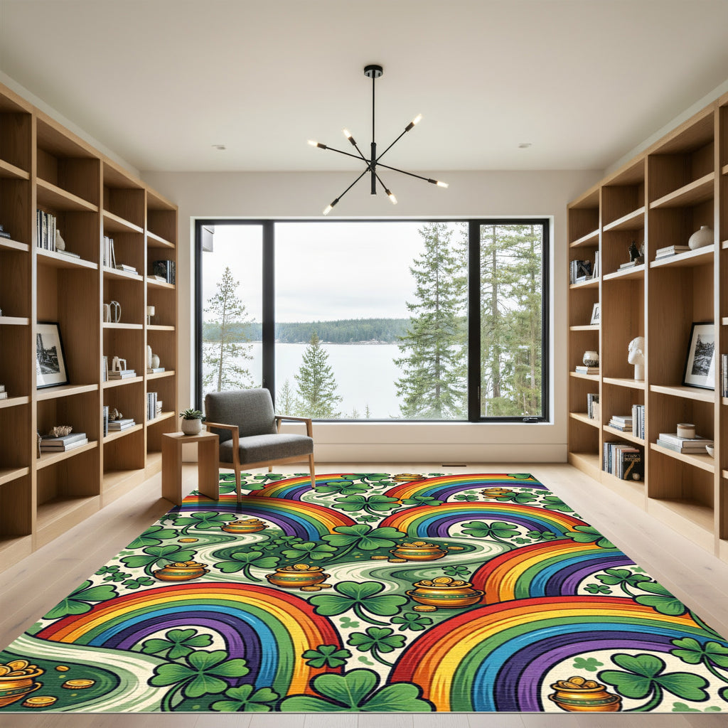 Vibrant Rainbow Clover Shamrock Gold Pot Rug