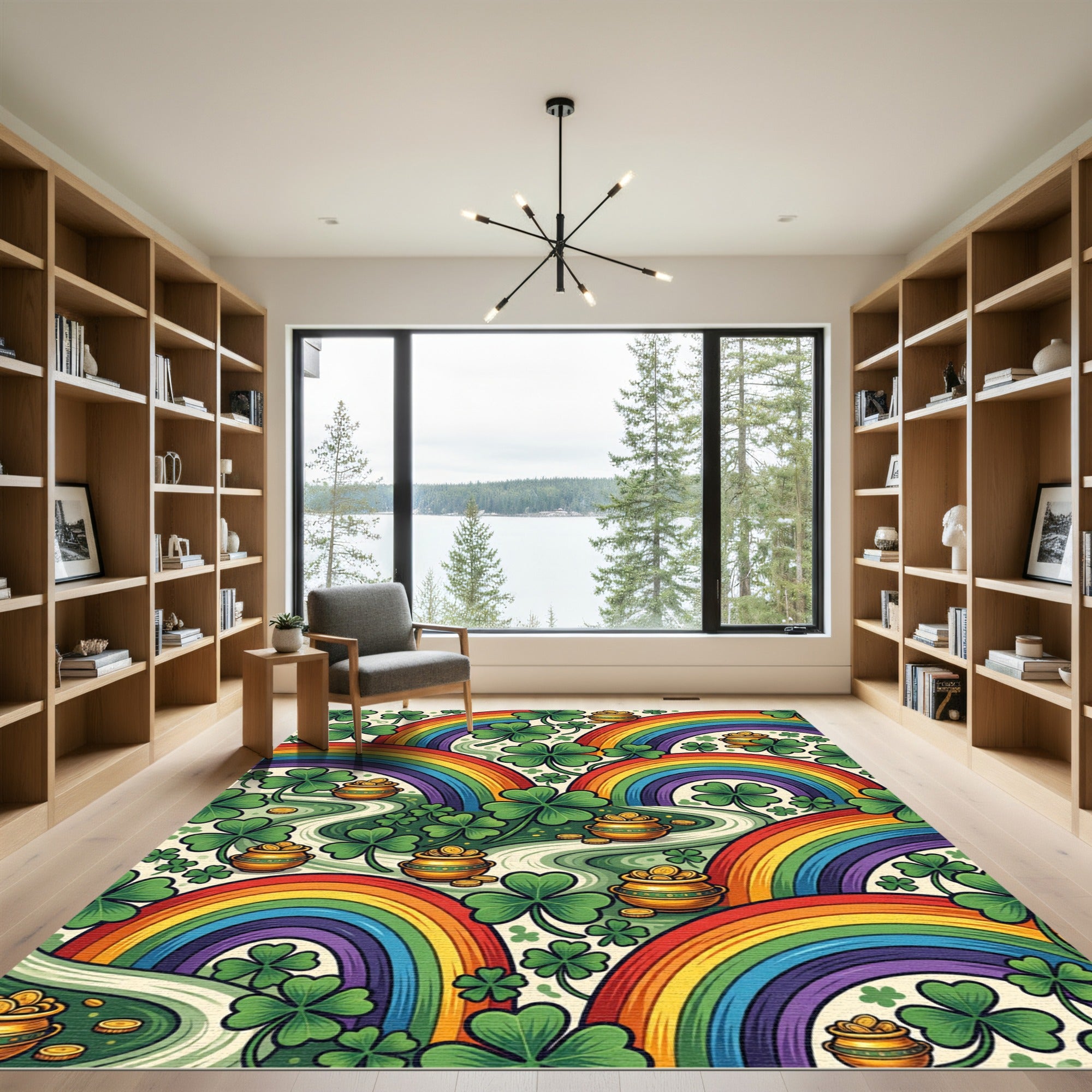 Vibrant Rainbow Clover Shamrock Gold Pot Rug