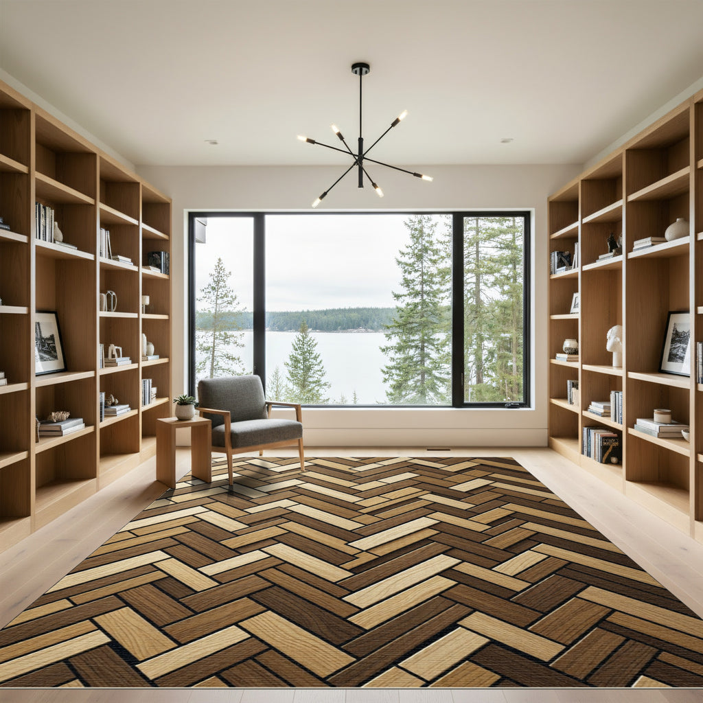 Two Tone Herringbone Wood Plank Rug