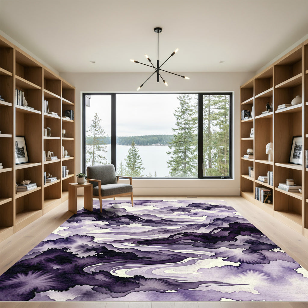 Deep Purple Ink Wash Mountain Panorama Rug