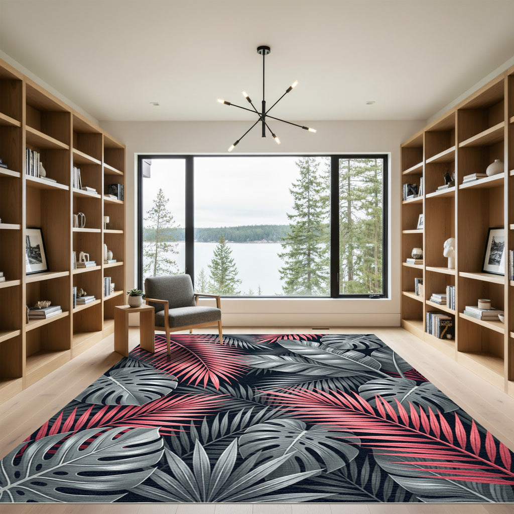 Moody Pink and Silver Tropical Palm Rug