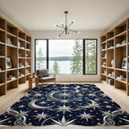 Celestial Silver Crescent and Star Night Sky Rug