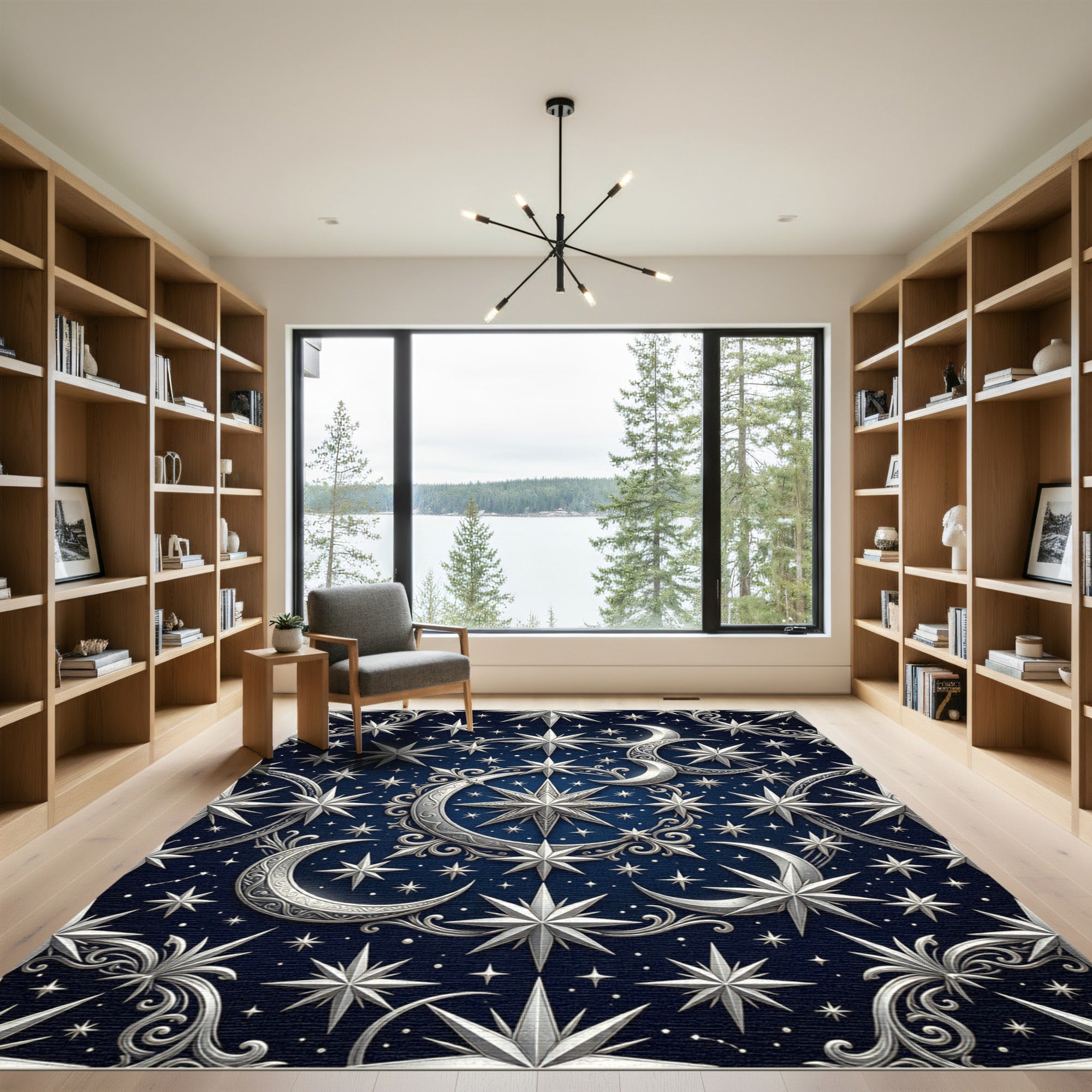 Celestial Silver Crescent and Star Night Sky Rug