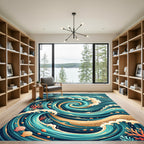 Coastal Teal Swirl Wave Ocean Rug
