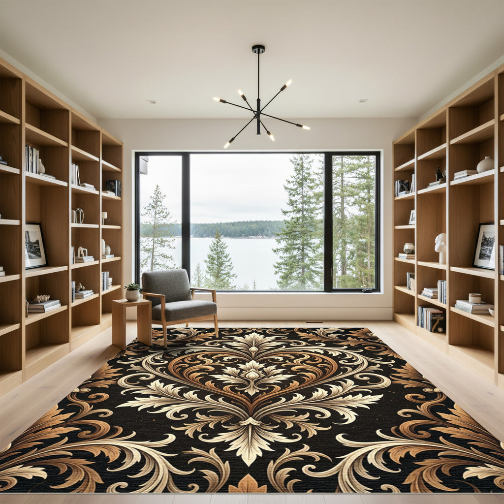 Elegant Gold Baroque Damask Scroll Rug