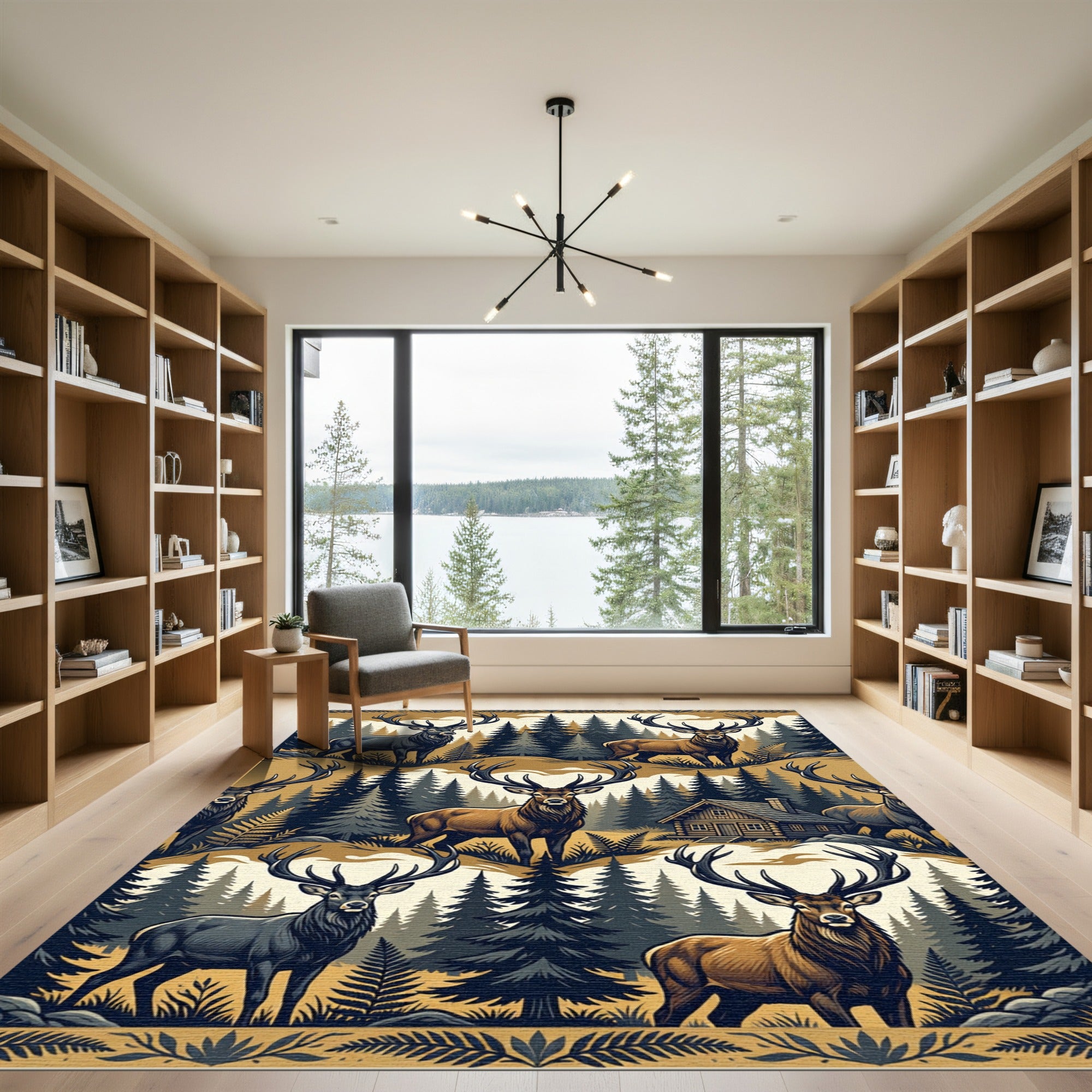 Rustic Woodland Stag Forest Cabin Scene Rug