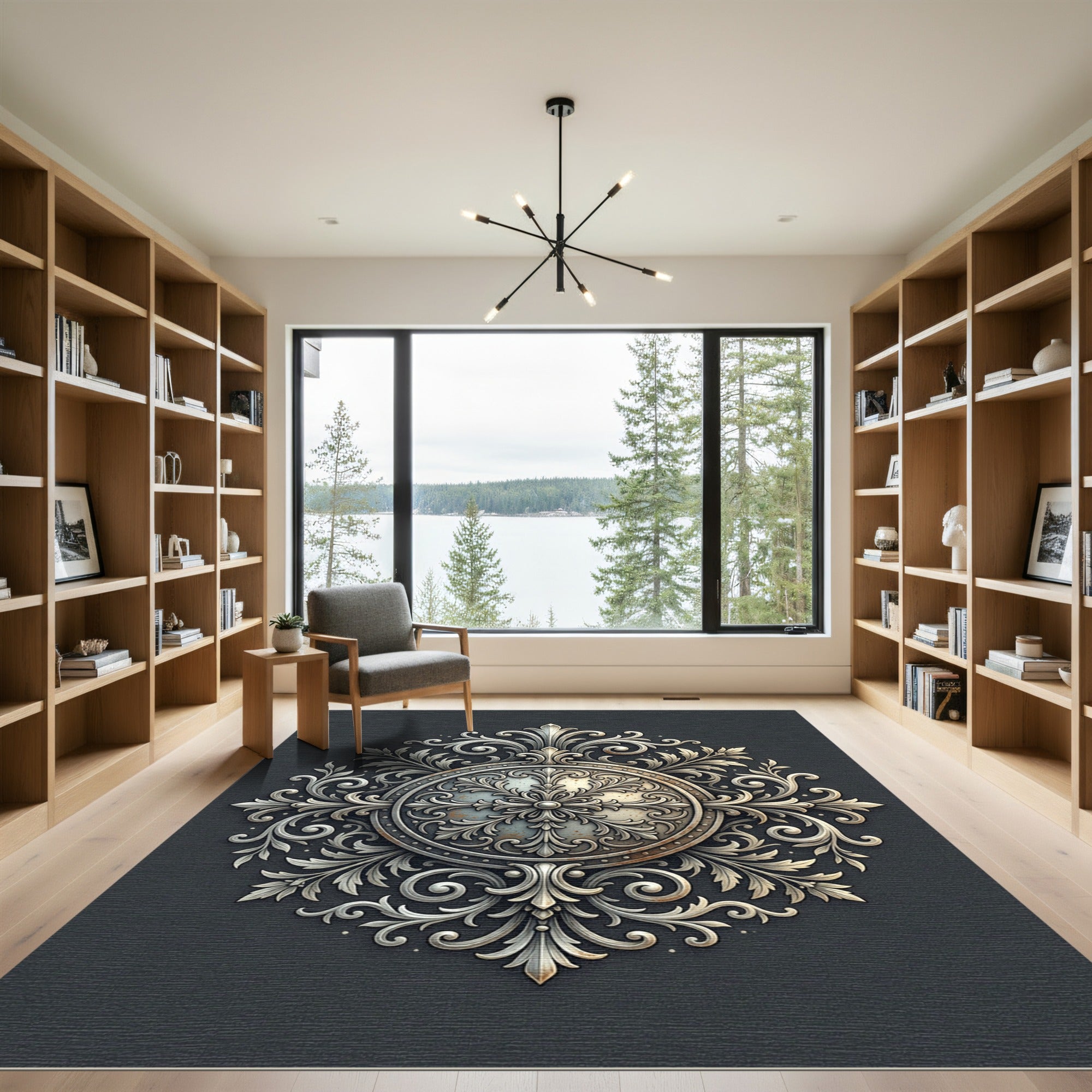 Elegant Silver Ornate Filigree Medallion Rug