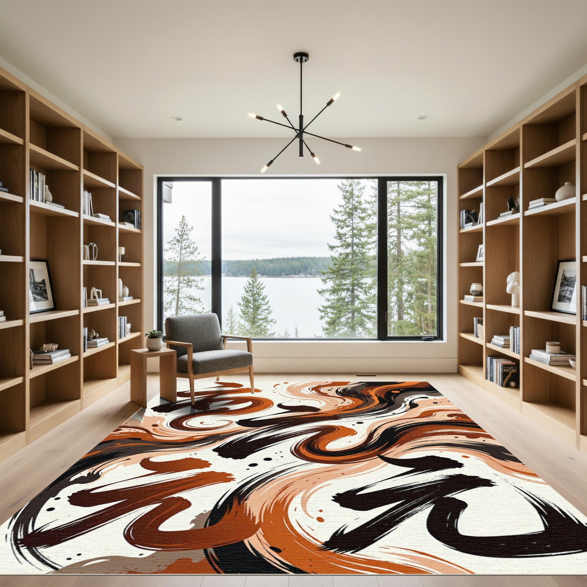 Modern Abstract Copper Black Swirls Rug