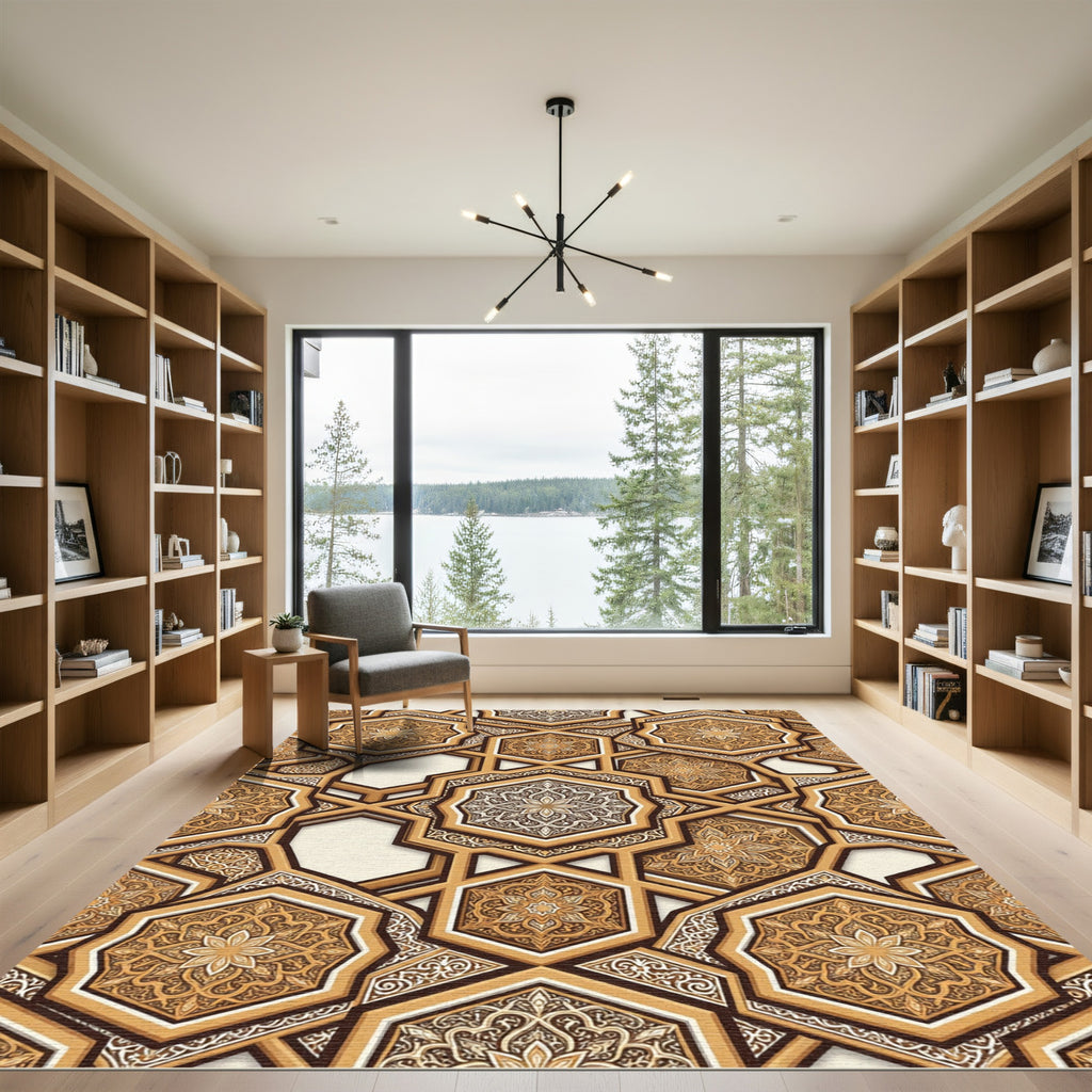 Golden Geometric Hexagon Mandala Tile Rug