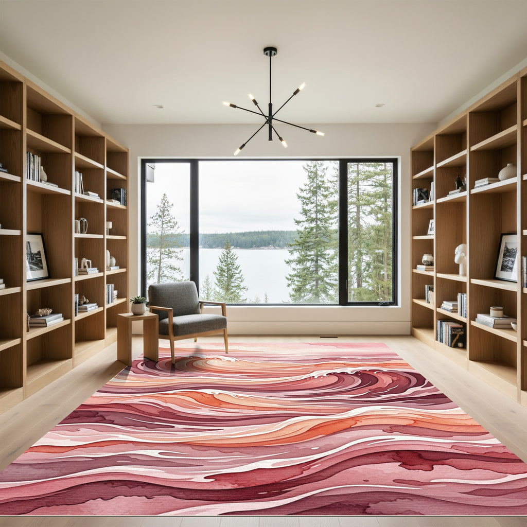 Coral Pink Watercolor Wave Composition Rug