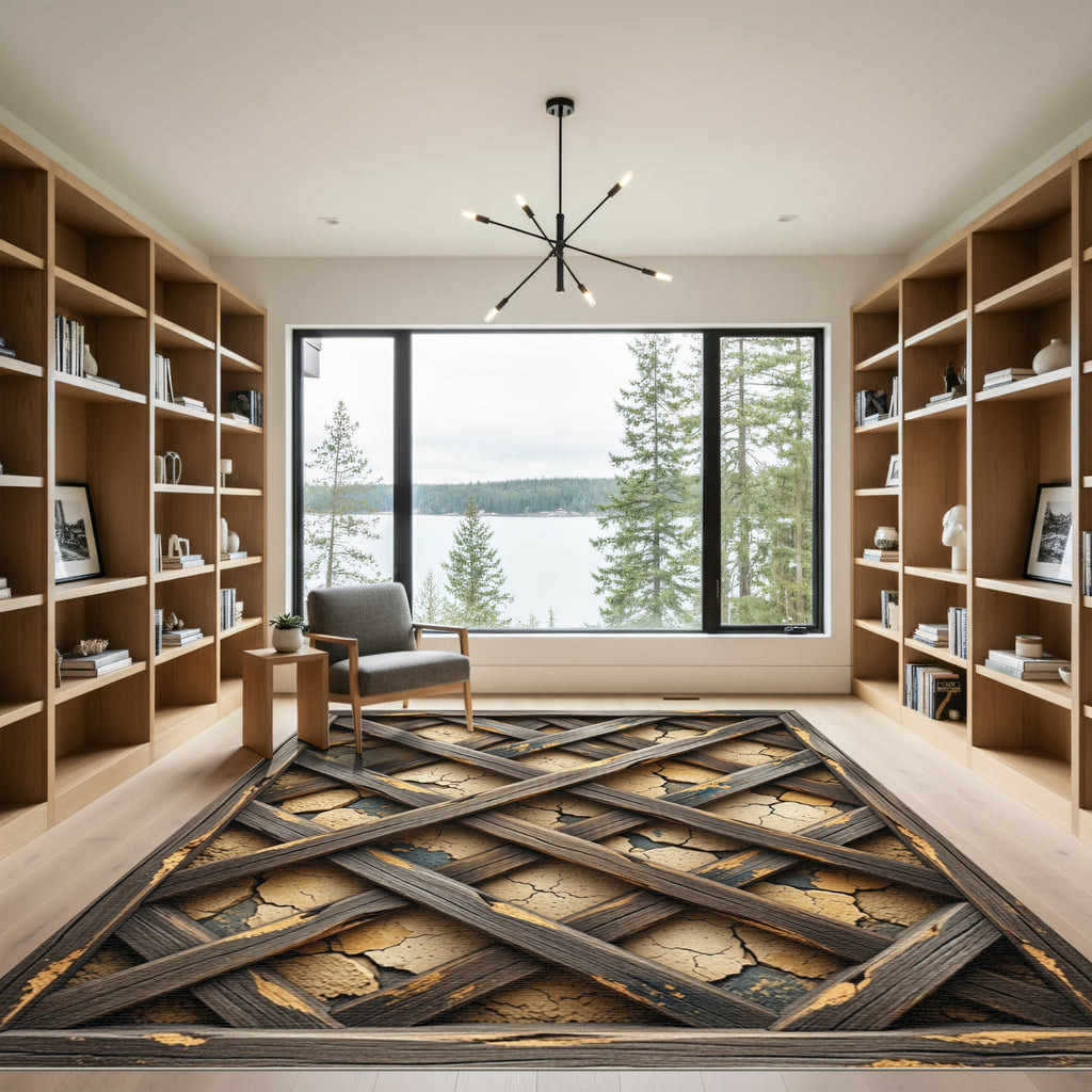 Rustic Weathered Wood Lattice Ochre Earth Rug