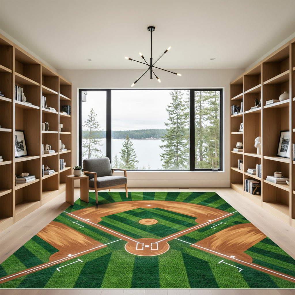 Geometric Baseball Field Green Grass Rug