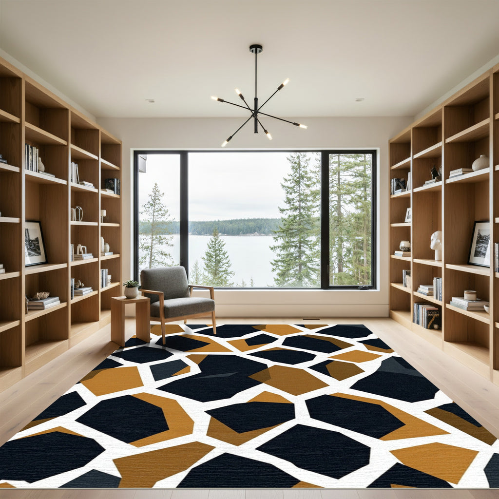 Abstract Geometric Ochre Black Mosaic Rug