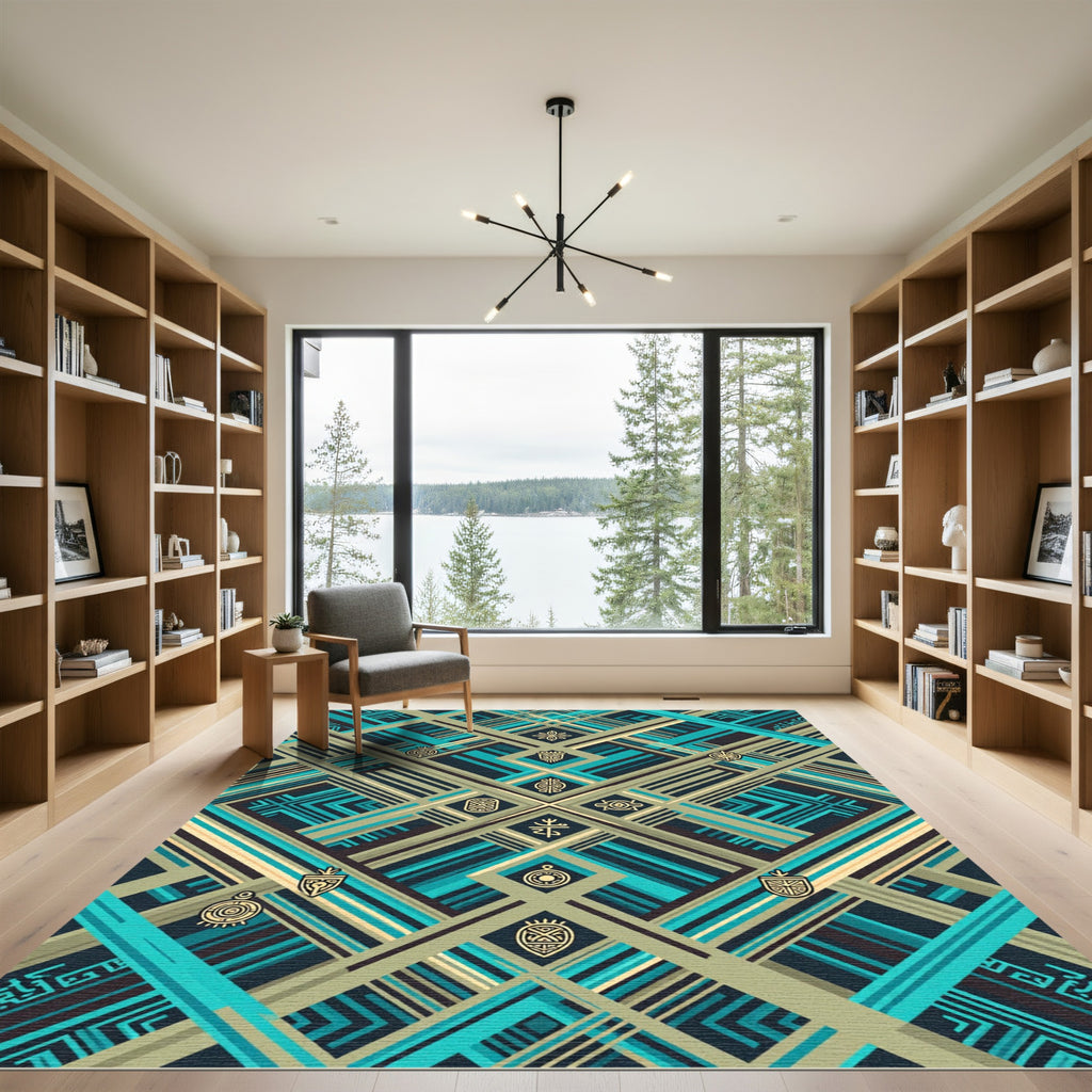 Geometric Teal and Gold Abstract Weave Rug