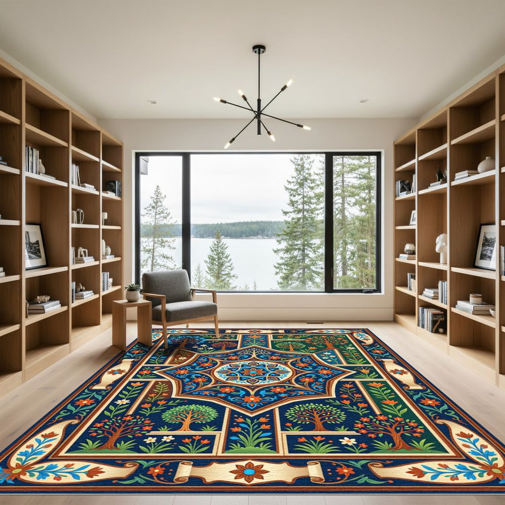 Midnight Blue Botanical Floral Star Medallion Rug