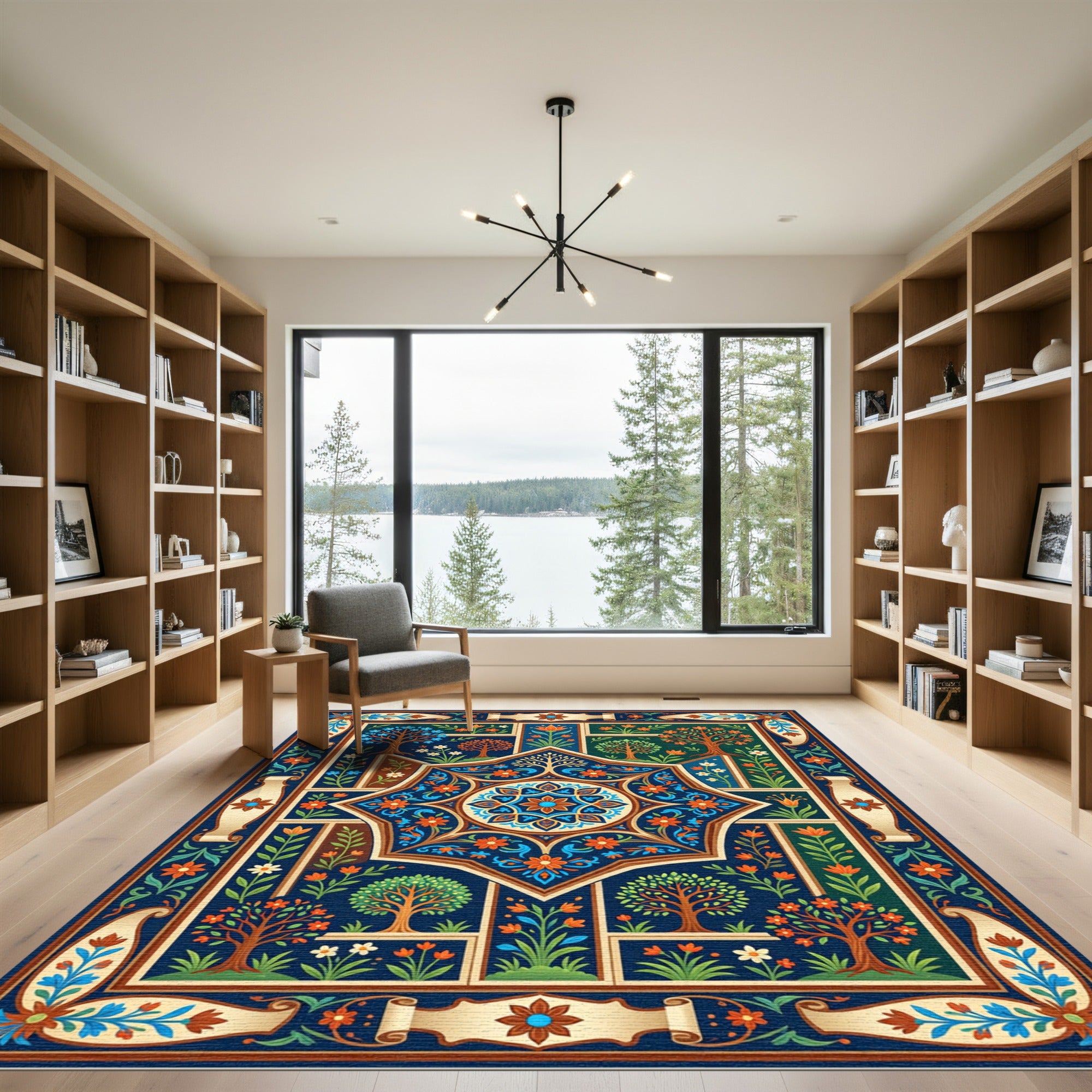 Midnight Blue Botanical Floral Star Medallion Rug
