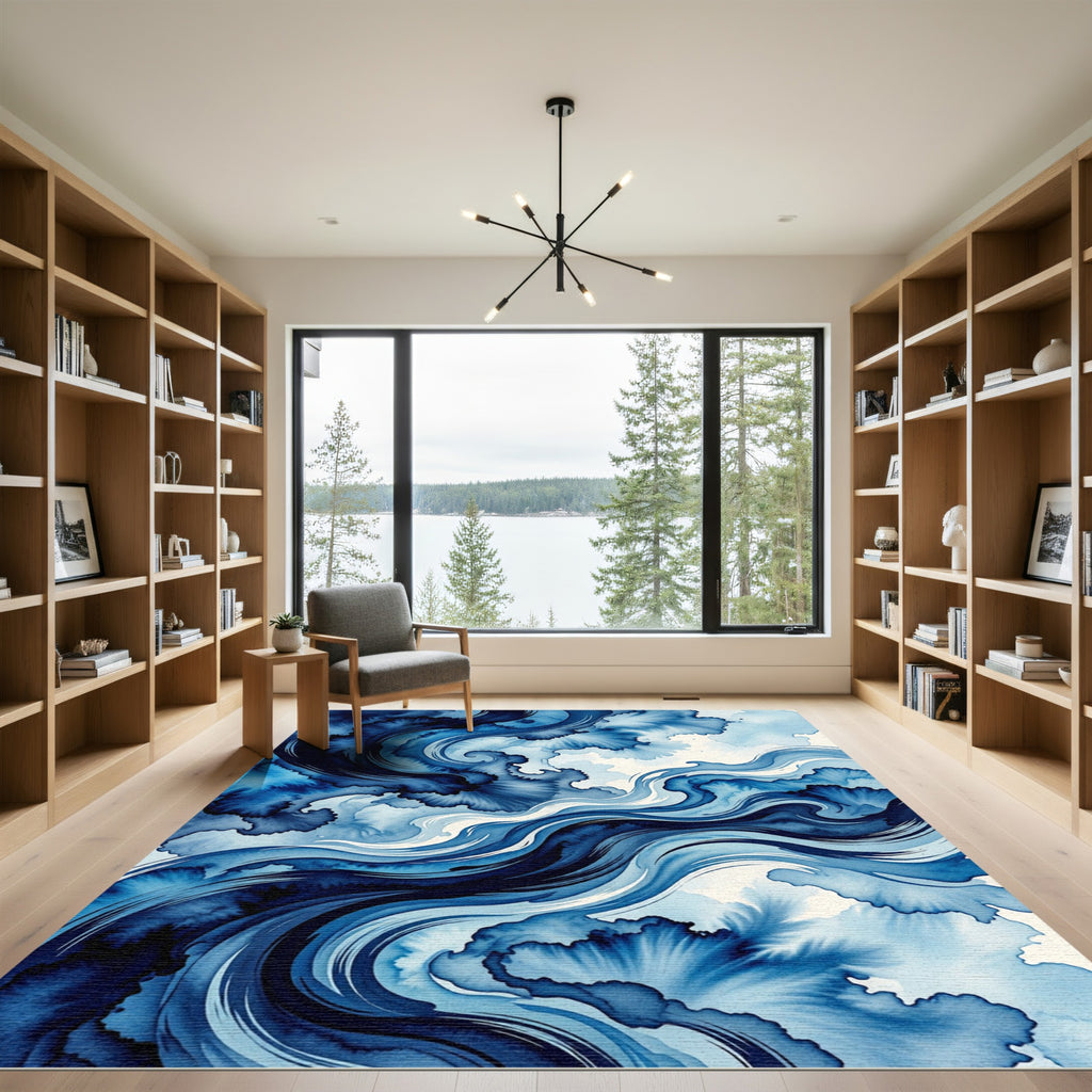Indigo Swirl Abstract Watercolor Waves Rug