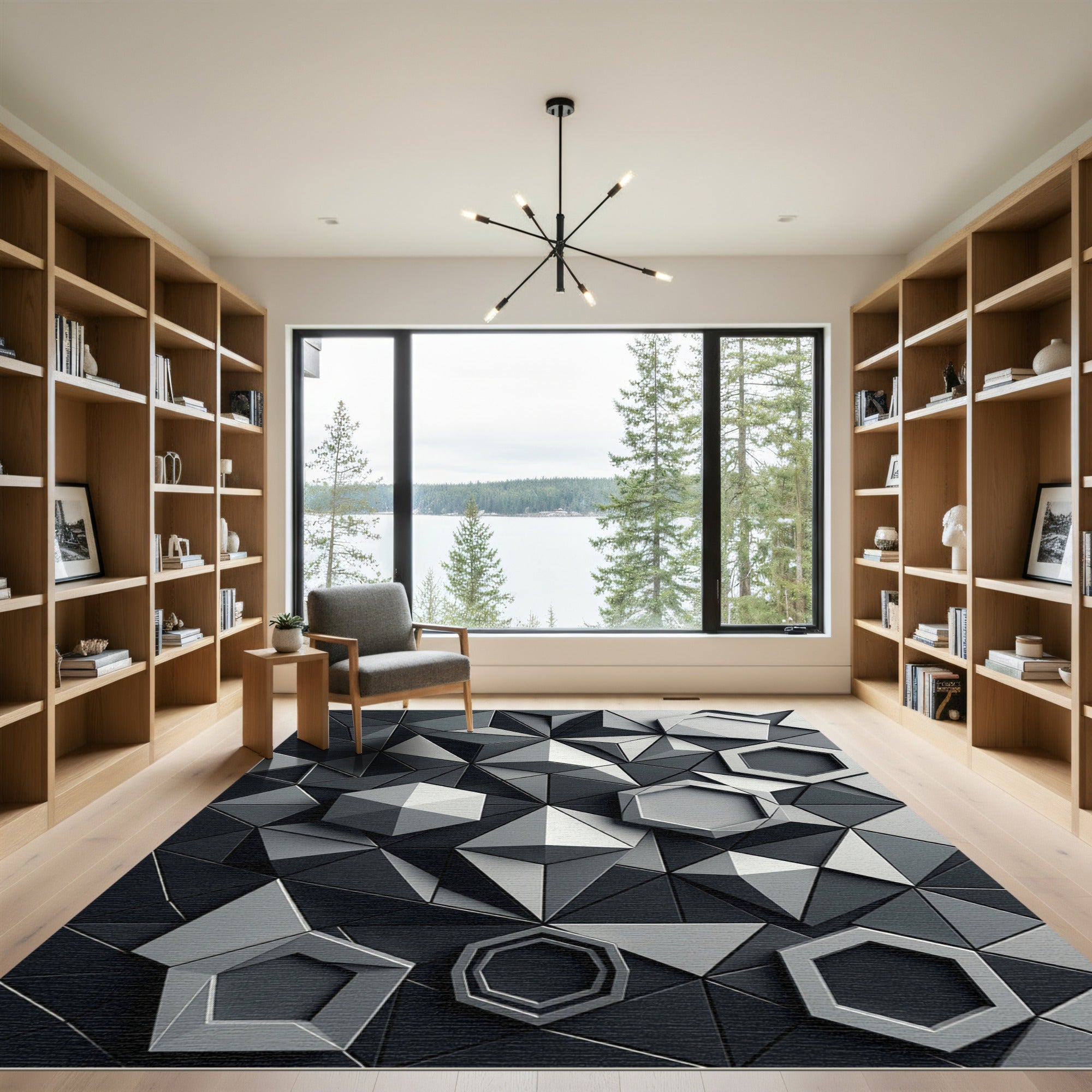 Monochromatic Geometric Hexagon Prism Mosaic Rug