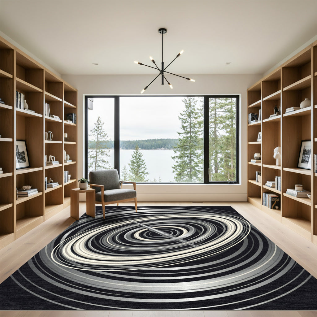 Minimalist Silver Orbits Abstract Circular Rug