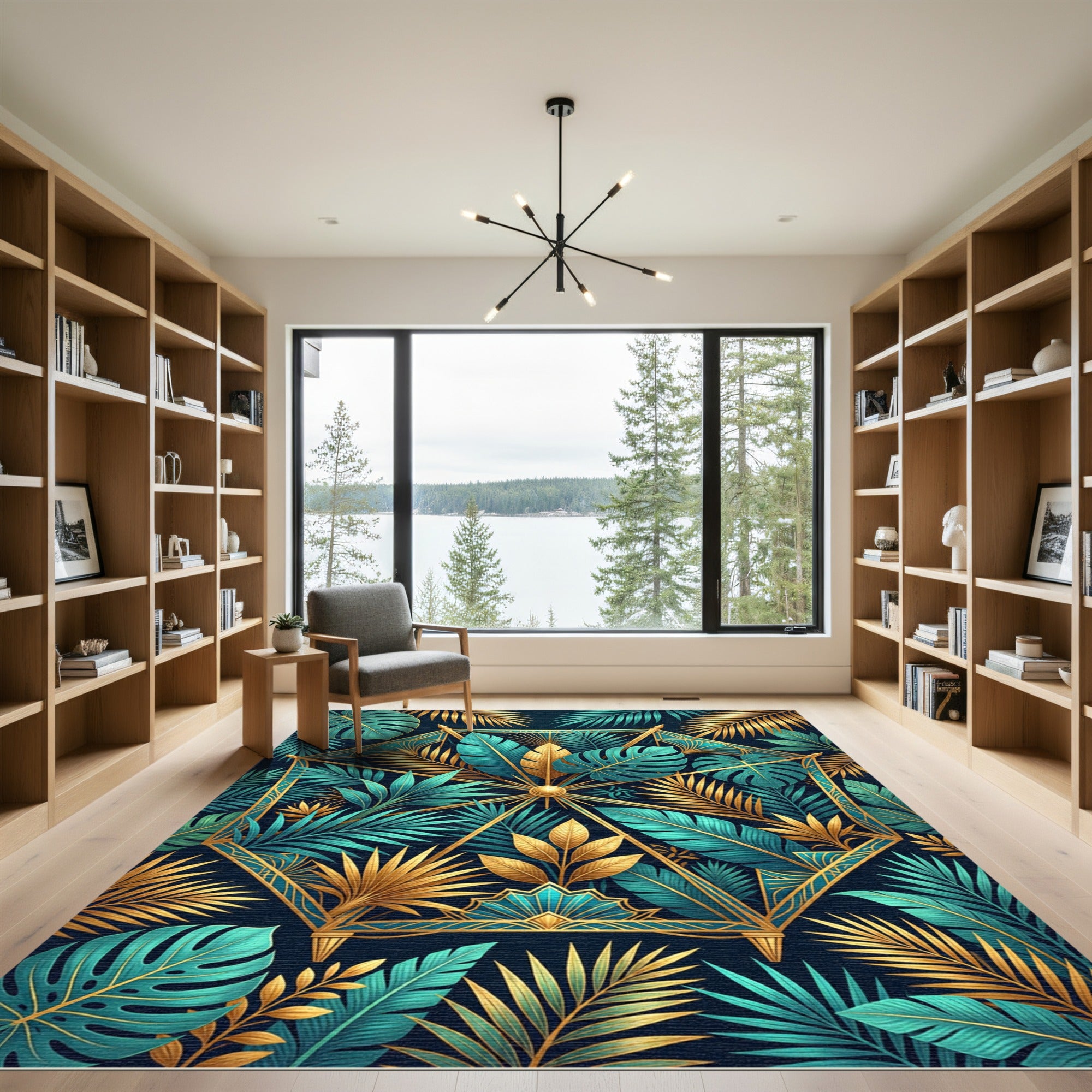 Golden Tropical Teal Geometric Art Deco Rug