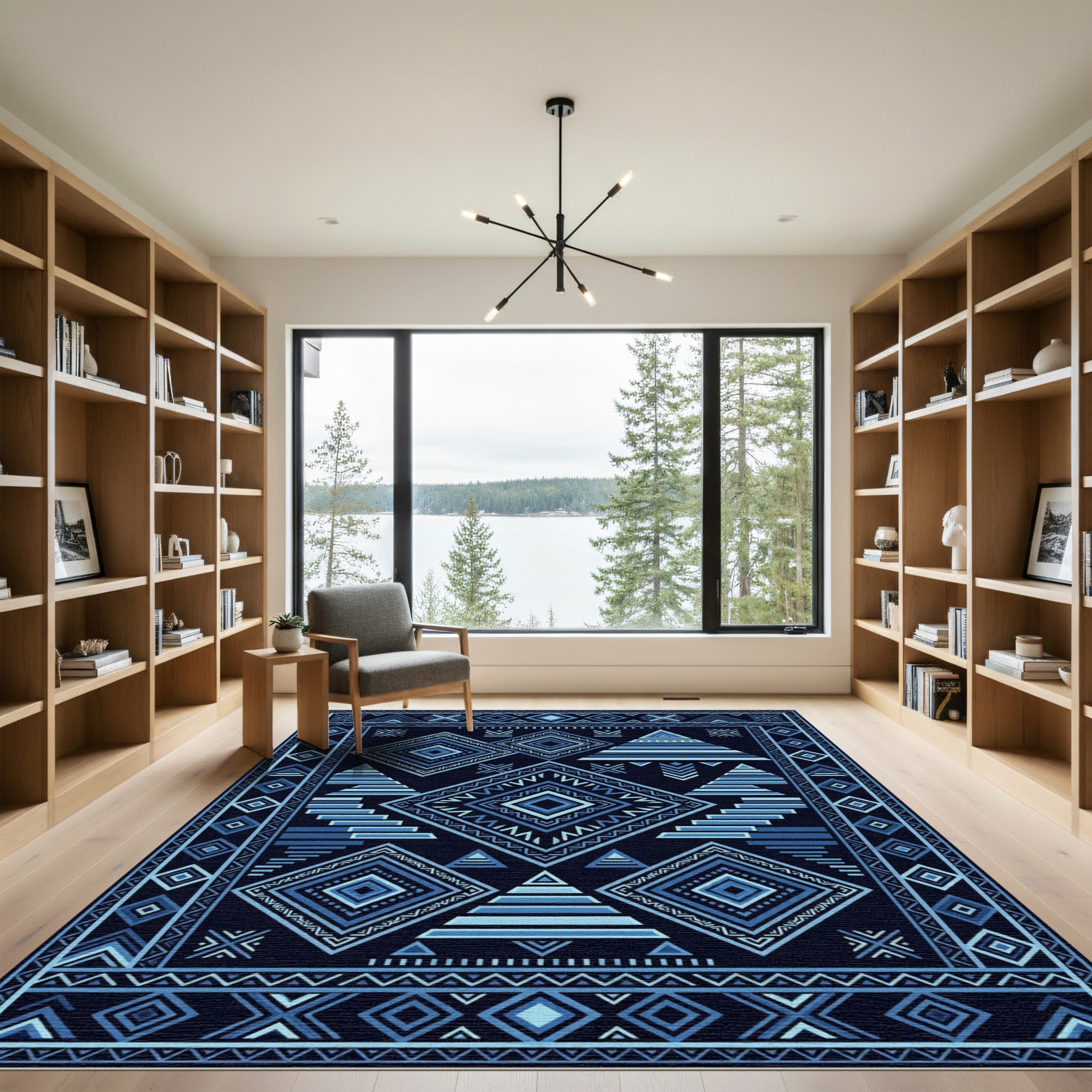 Deep Blue Geometric Tribal Diamond Rug