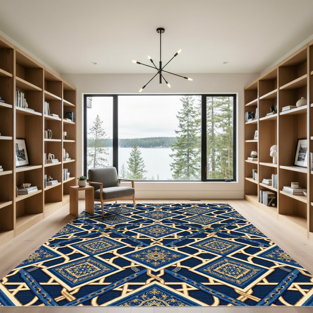 Ornate Navy Gold Geometric Tile Rug
