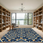 Ornate Navy Gold Geometric Tile Rug