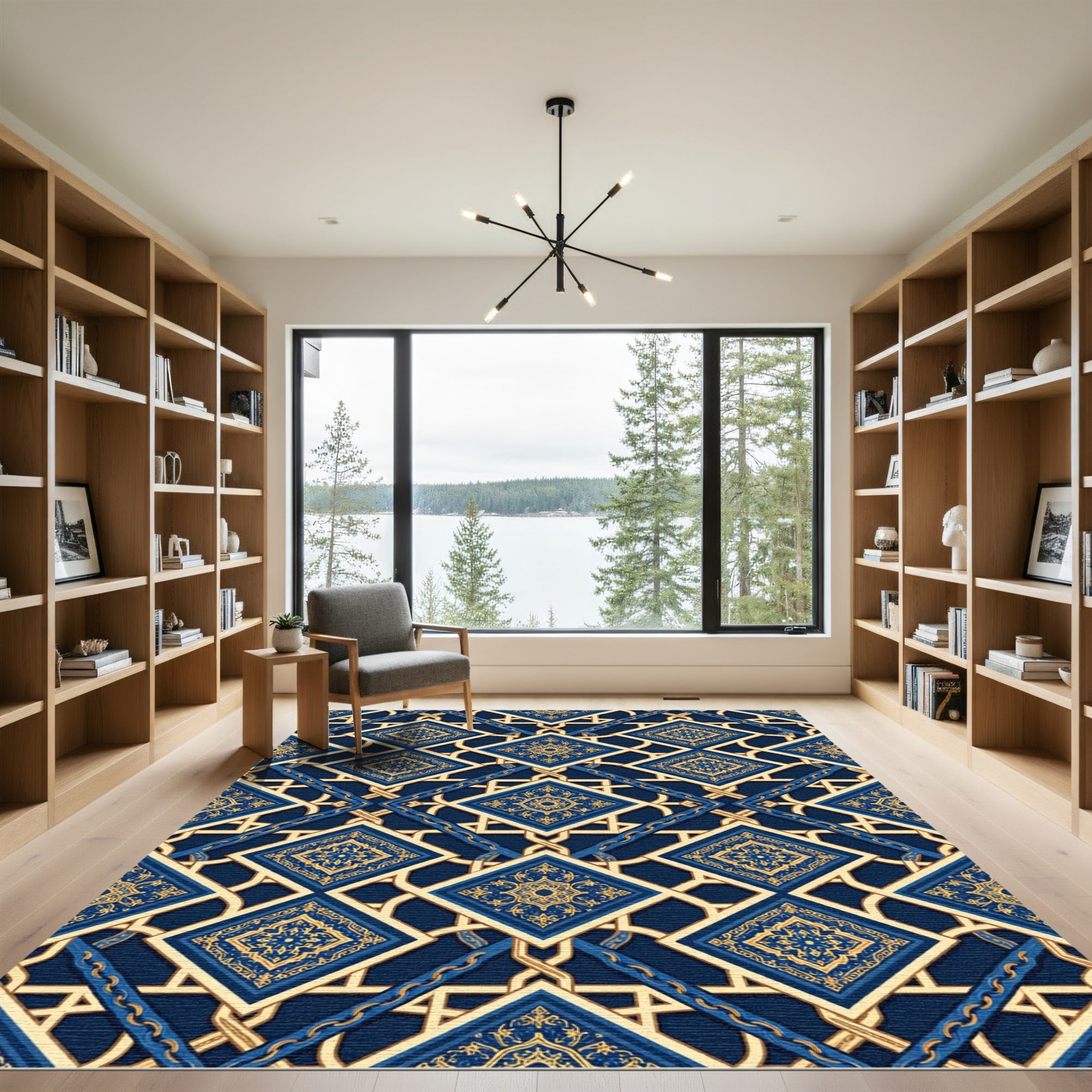 Ornate Navy Gold Geometric Tile Rug