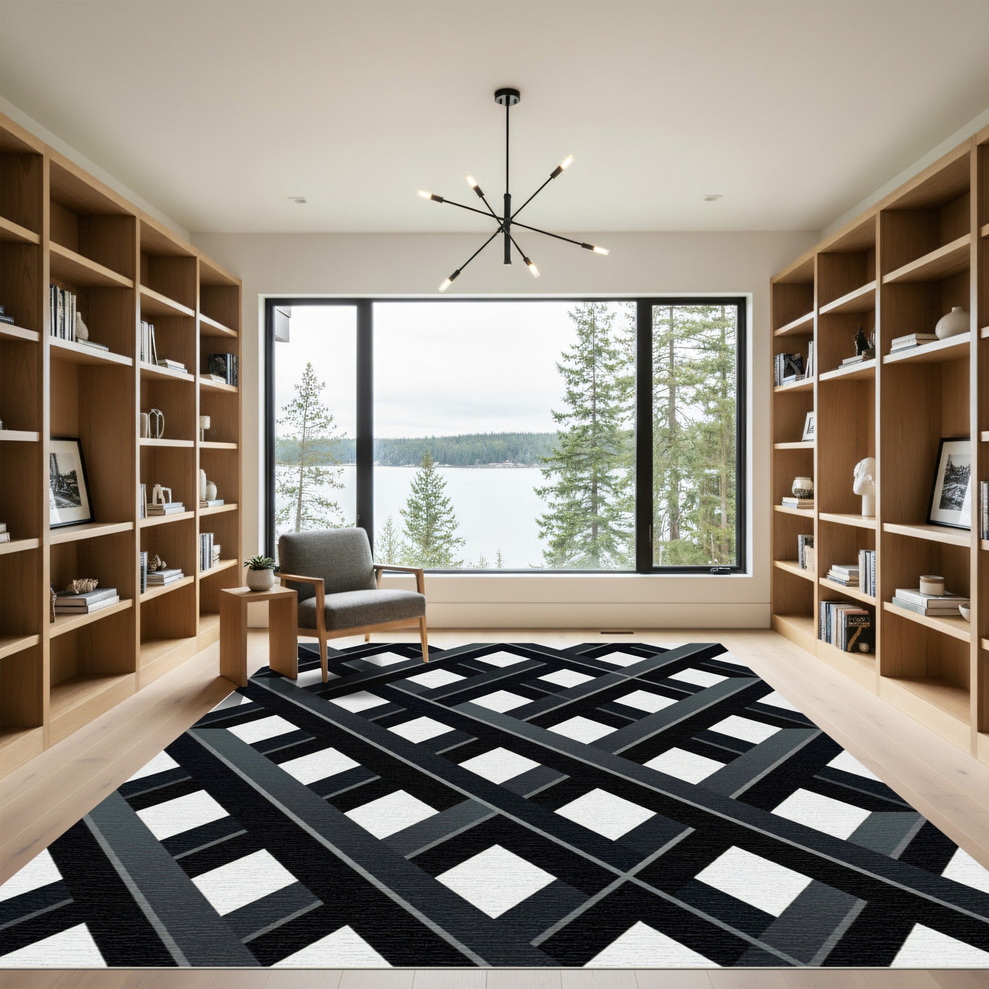 Modern Black Grey Geometric Lattice Rug