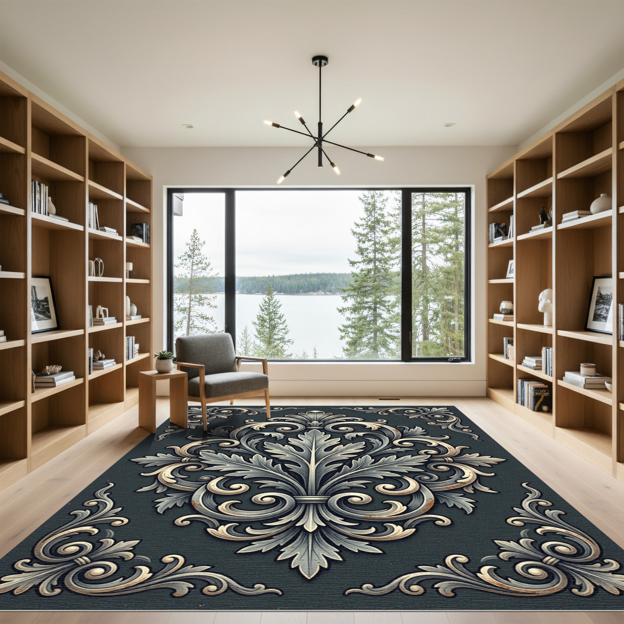 Elegant Charcoal Gray Damask Acanthus Scroll Rug