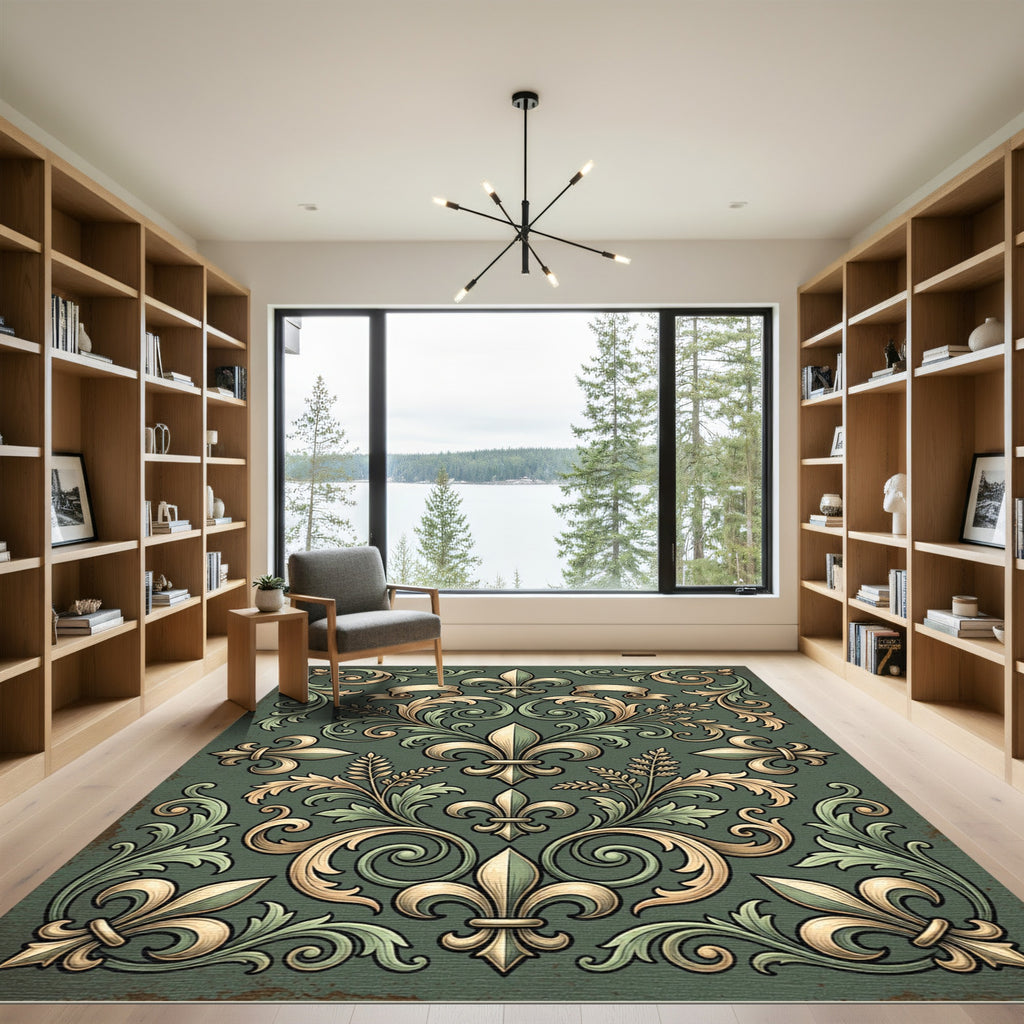 Elegant Sage Fleur de Lis Scrollwork Rug